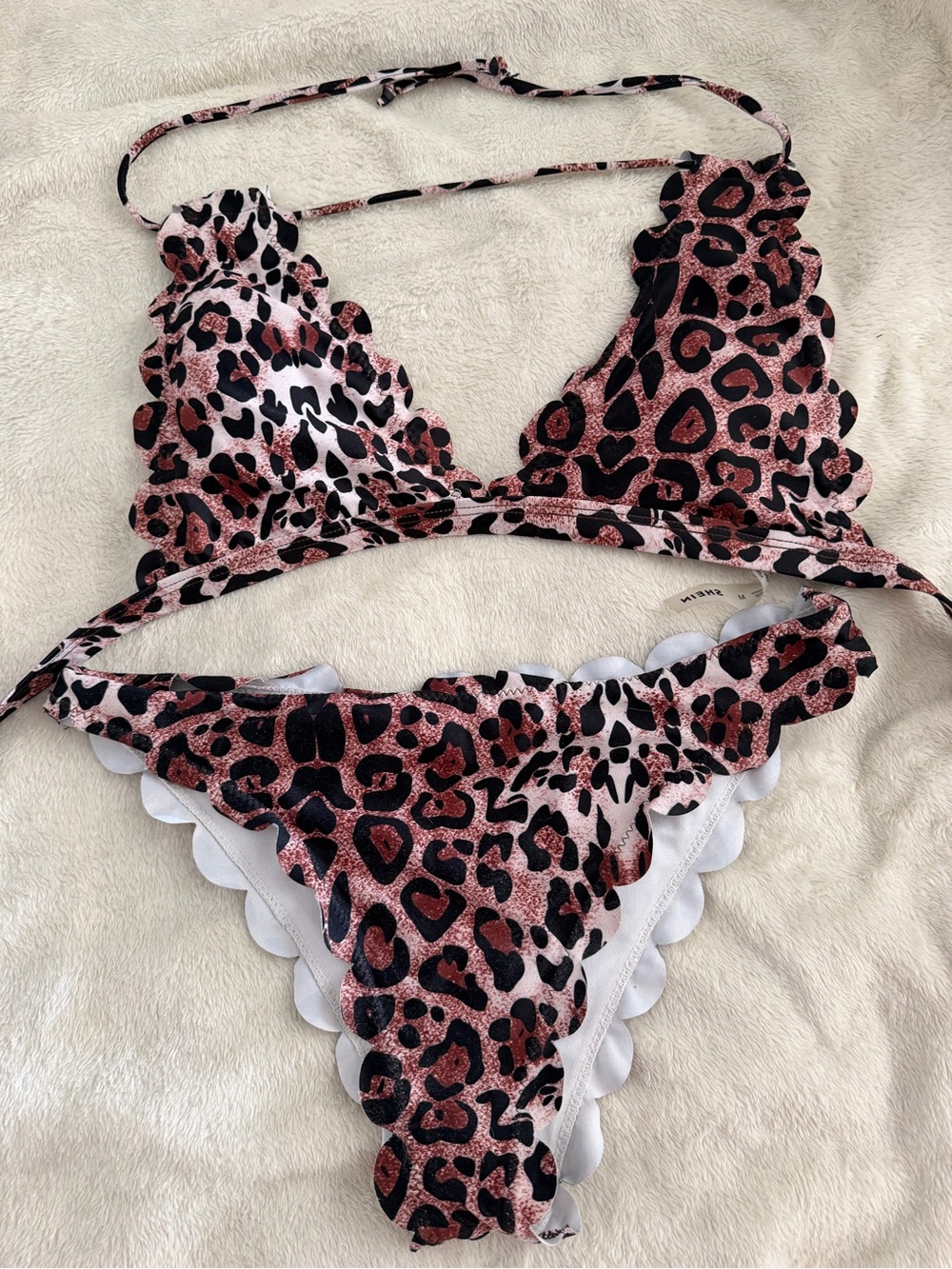 SHEIN Pink and Black Leopard Scalloped Bikini Set